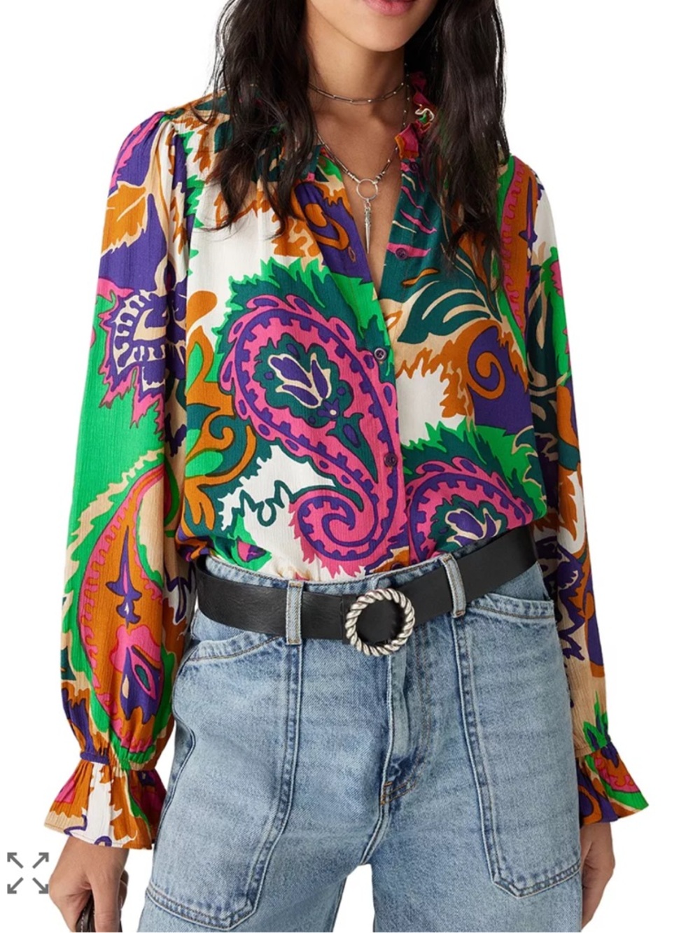 Ba&Sh Natsy Button Up Shirt Multicolor Long‎ Sleeve Ruffle Sleeve Paisley Sz 2